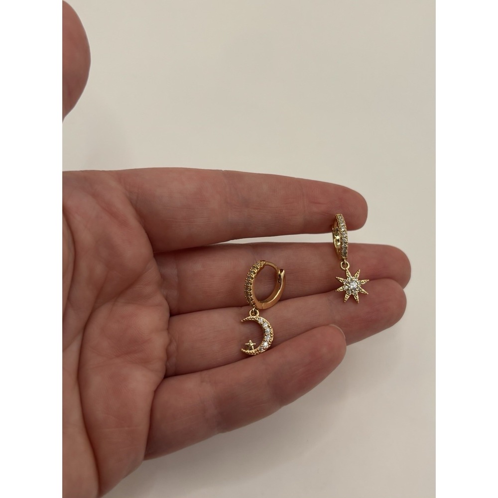 Moon & Star Yellow Gold Dangle Hoop Asymmetrical Earrings